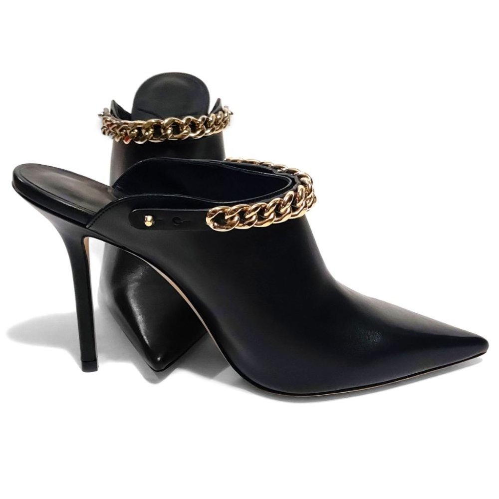 Jimmy Choo Lexx 100 Black Leather Gold Color Chain EU 37 US 7 Mules - Picture 9 of 12